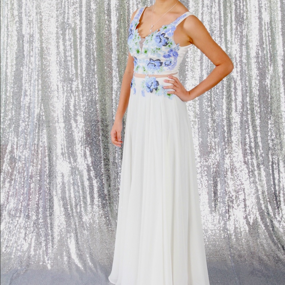 Blue and White Floral Prom Dress